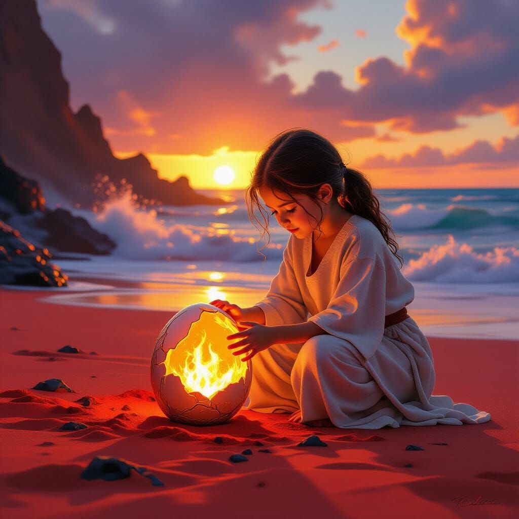 Girl with Hatching Fire Dragon Egg on Red Sand Beach