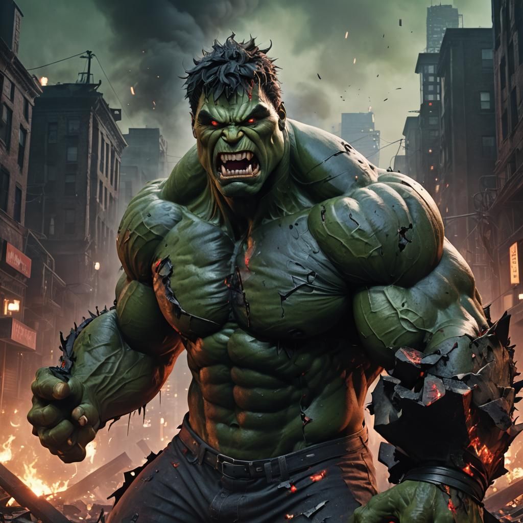 Menacing Hulk in Ruined Cityscape: 3D Anime Art