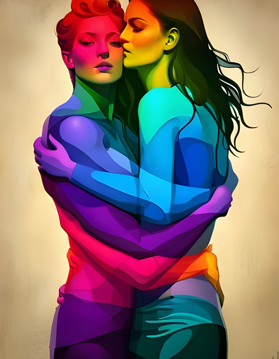 Abstract LGBT Pride: Women Embracing in Mixed-Media Art