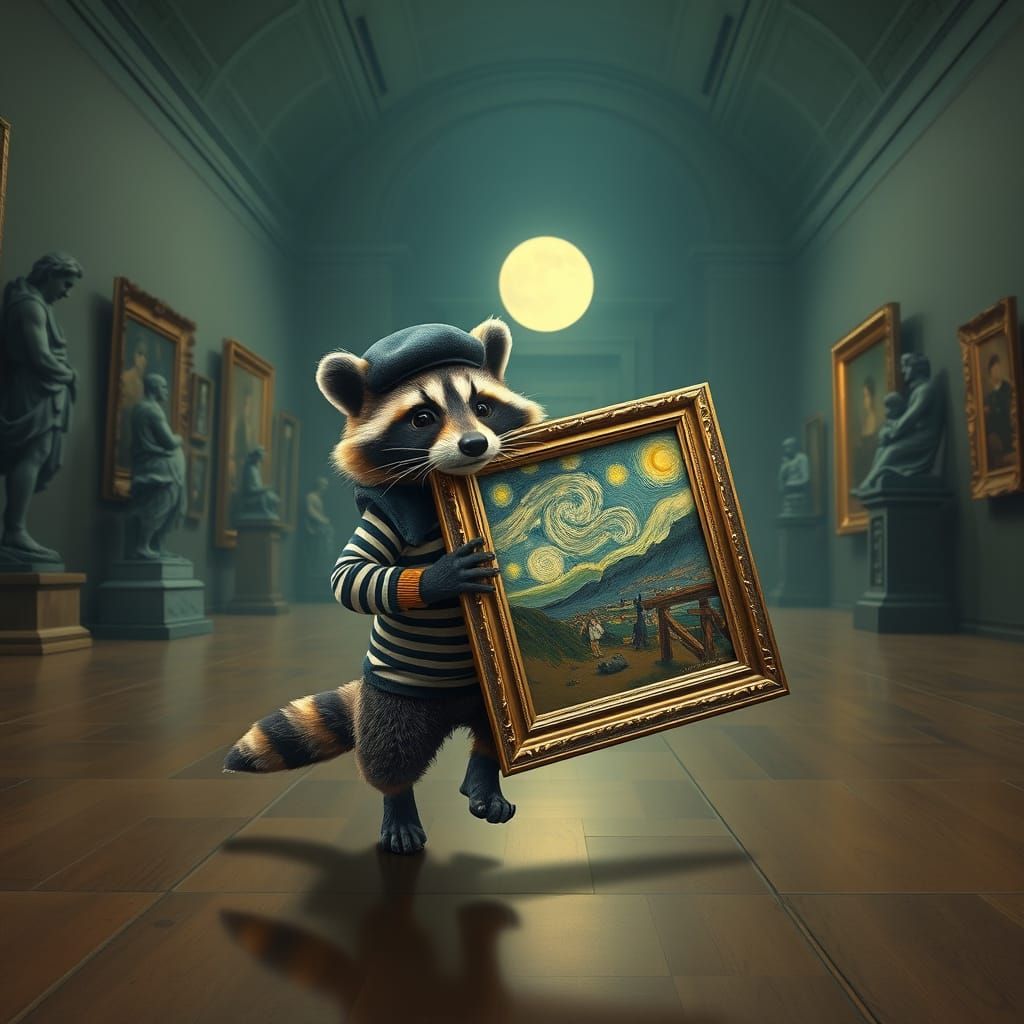 Raccoon Art Thief Stealing Van Gogh: Wes Anderson Style