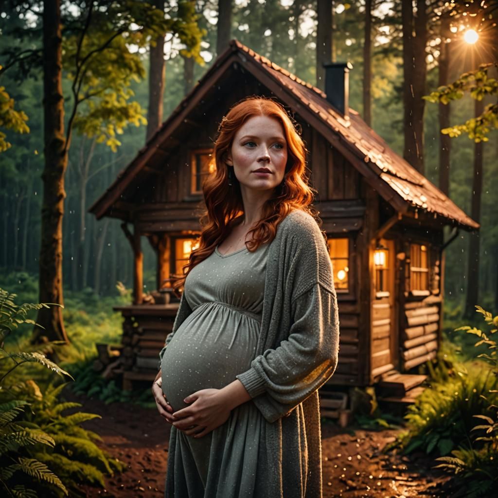 Peaceful Pregnant Redhead in Rainy Golden Hour