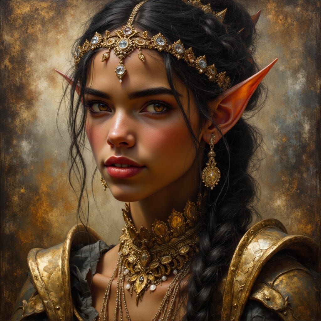 Black Elven Queen in Golden Armor as Divine Oil Painting