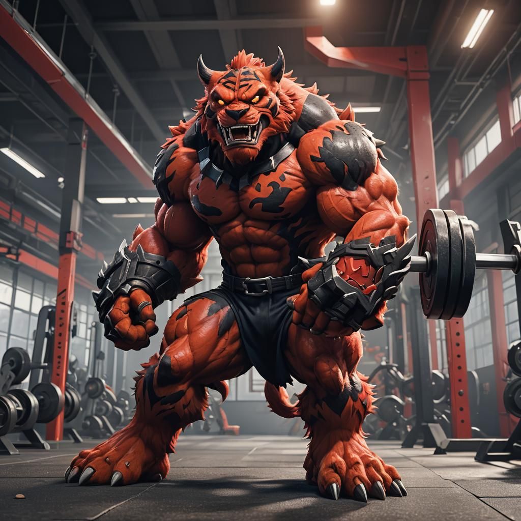 Incineroar flexing at the gym, muscular, matte painting