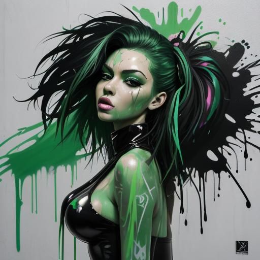 Beautiful Woman in Latex, Graffiti Splash Art