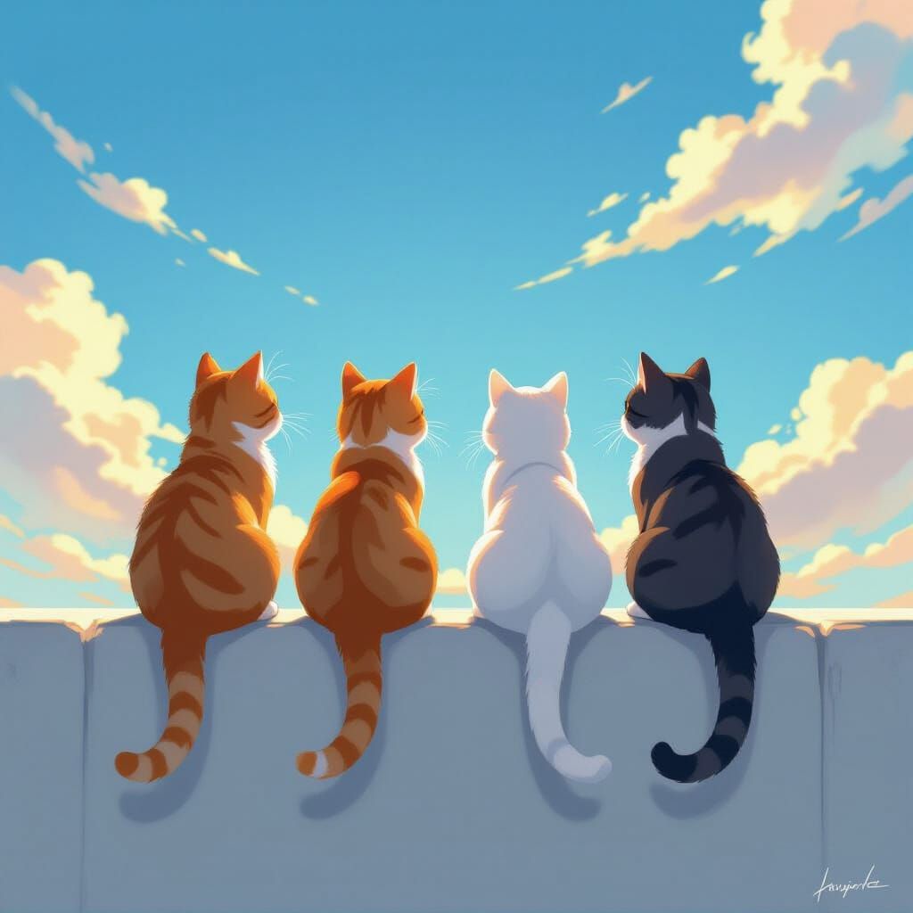 Four Cats on a Wall in Anime Style