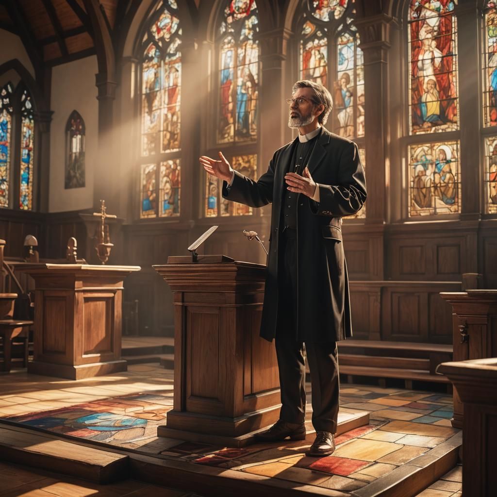 Protestant Preacher at Pulpit with Stained Glass
