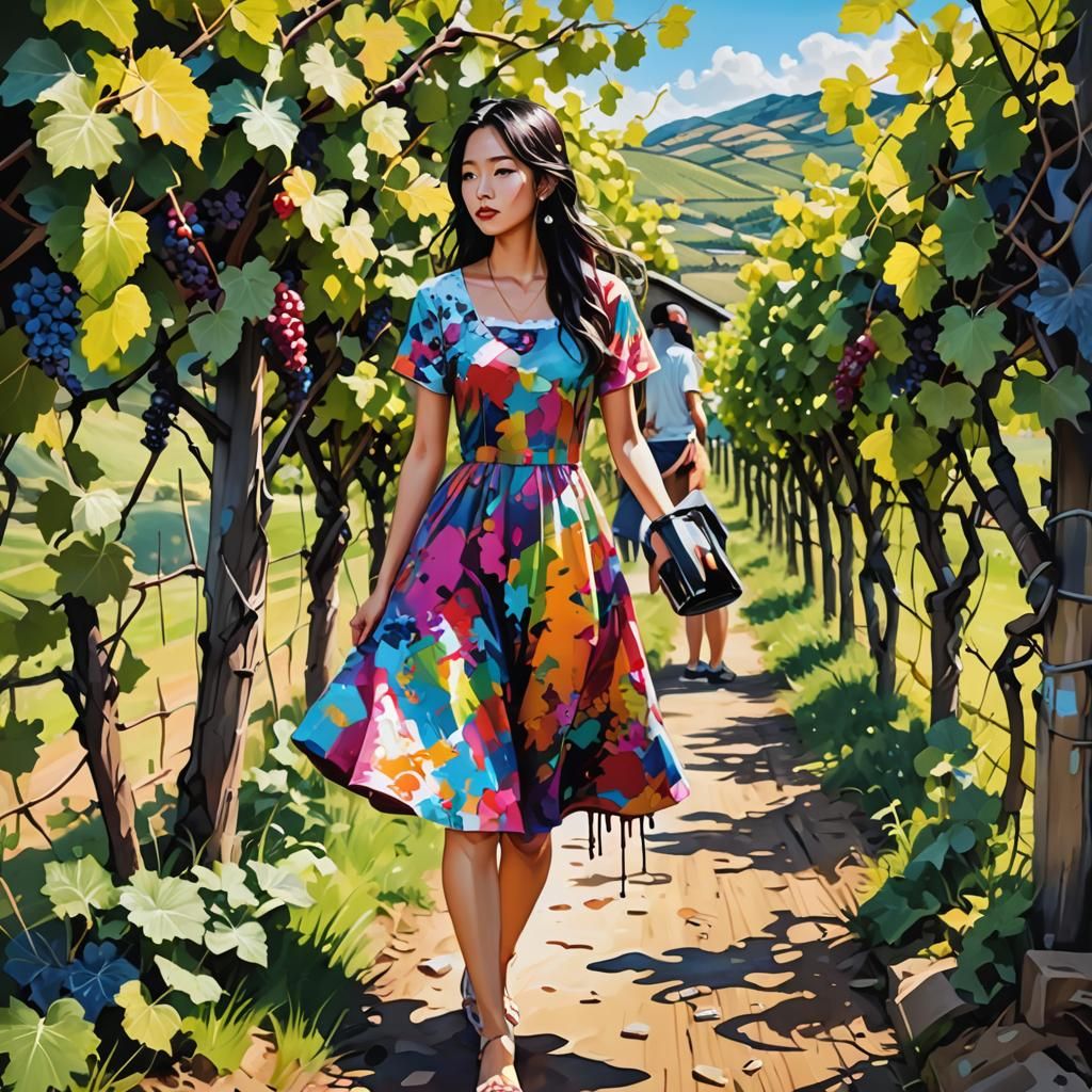 Korean Girl Exploring Vineyard in Graffiti Art Style