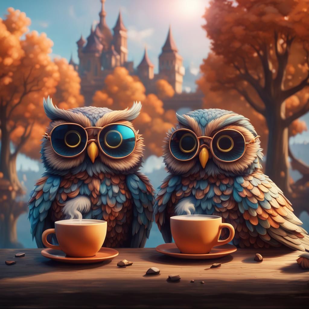Owl Couple Enjoying Coffee: Detailed Matte Painting