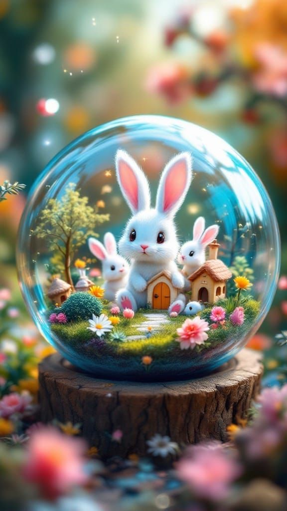 Whimsical White Bunny World in a Transparent Globe