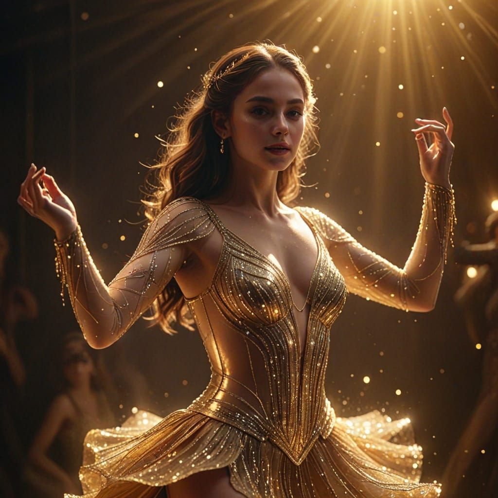 Elegant Lady Dancing in Golden Light: Digital Art