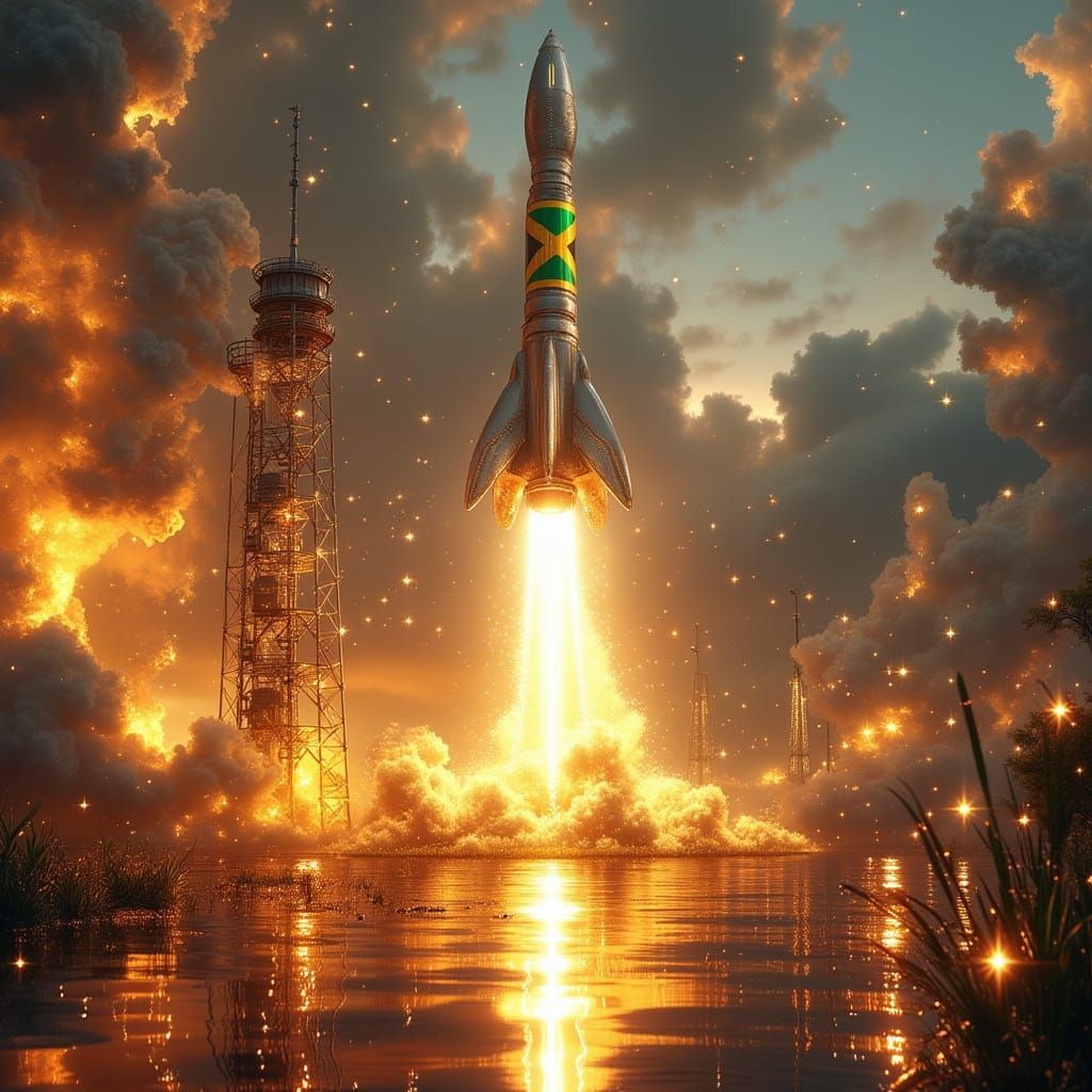 Futuristic Jamaican Rocket Launch in Photorealistic Style