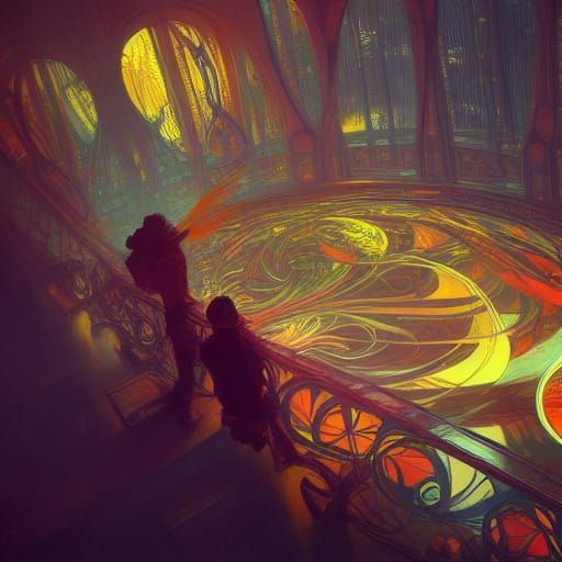 Interconnected Objects: 8K Concept Art in Mucha Style
