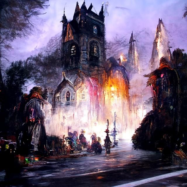 Gothic Cathedral in Rainy Colonial Village Art