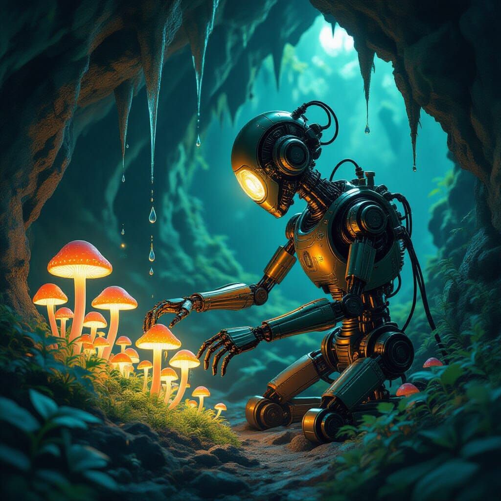 Brass Automaton Tends Bioluminescent Fungi Garden