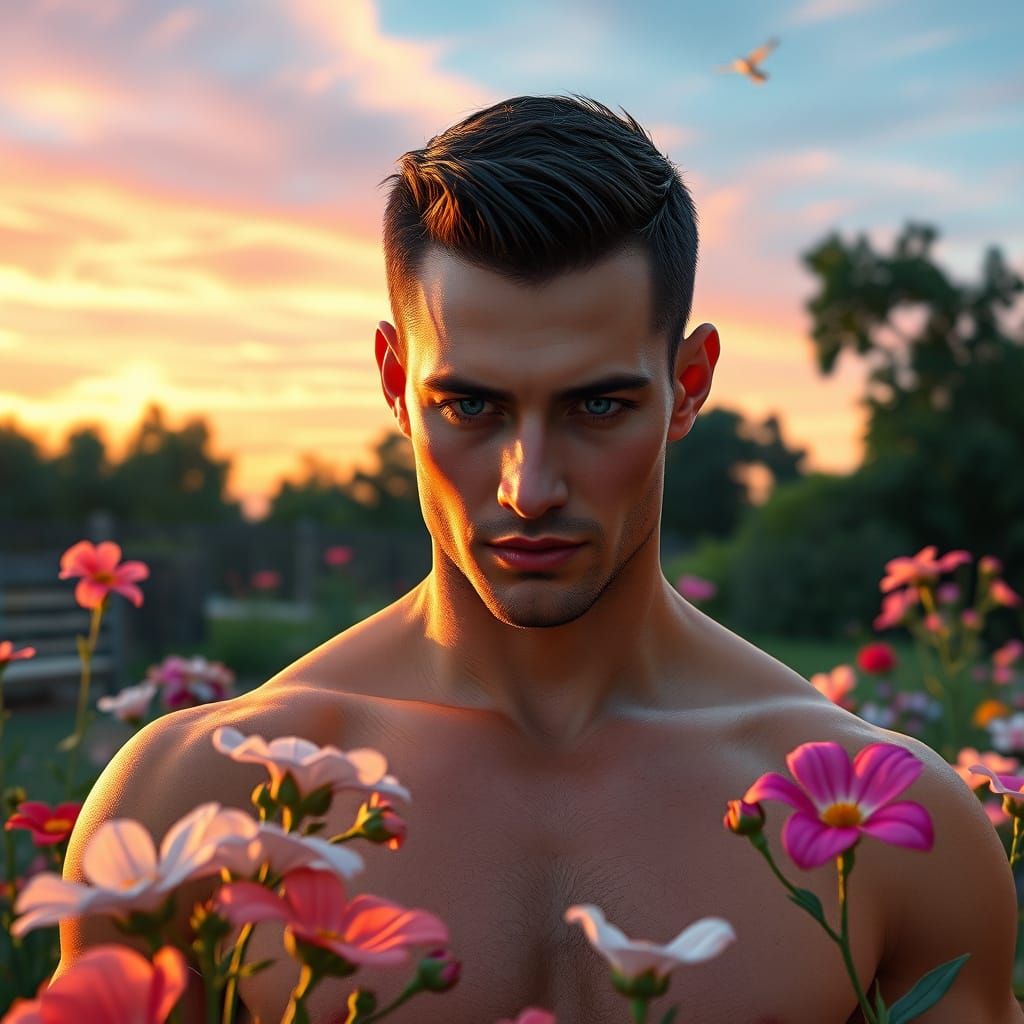 Chiseled Man Among Vibrant Blooms in Dawn's Golden Light