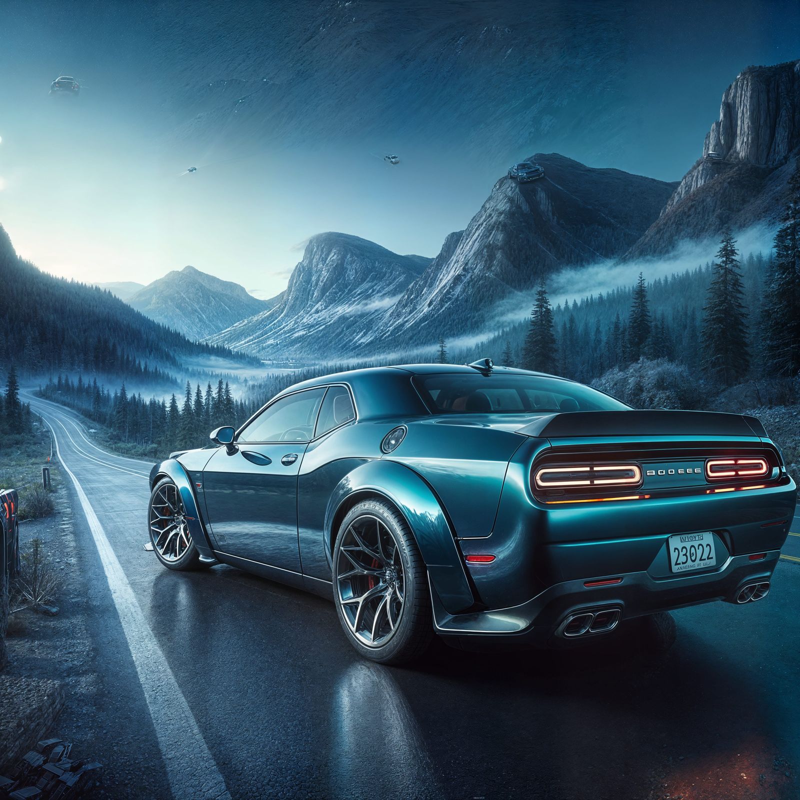 Metallic Blue Sports Car on Mountain Road in Hyperrealism