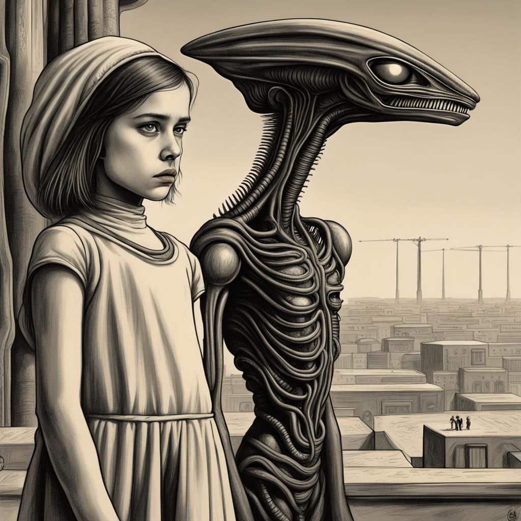 Stylized Alien and Girl in Wes Anderson Style