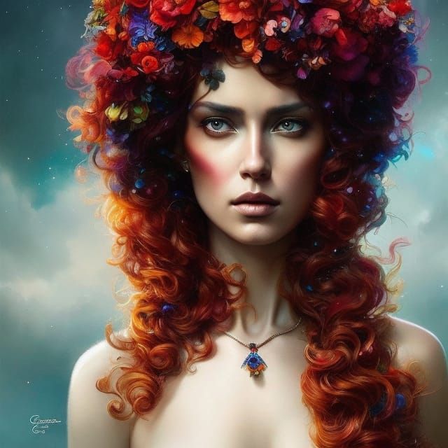 Red-Haired Queen with Rainbow Gems: Digital Art