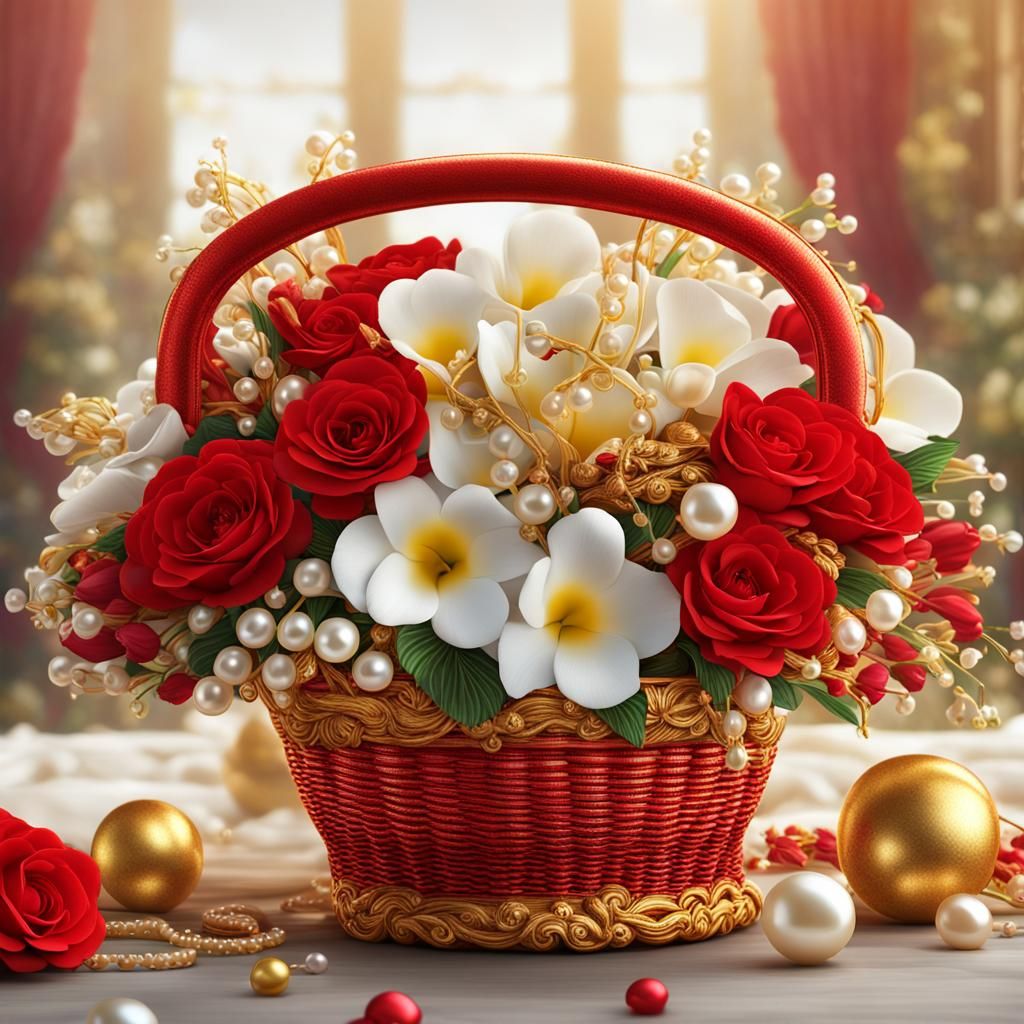 Luxury Basket with Flowers, Pearls and Jewels, Hyperrealisti...