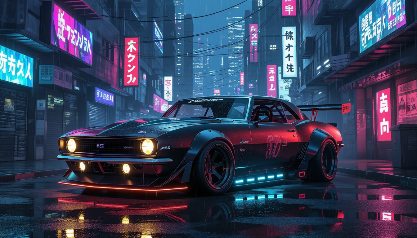 Cyberpunk Camaro Street Racer in Futuristic City