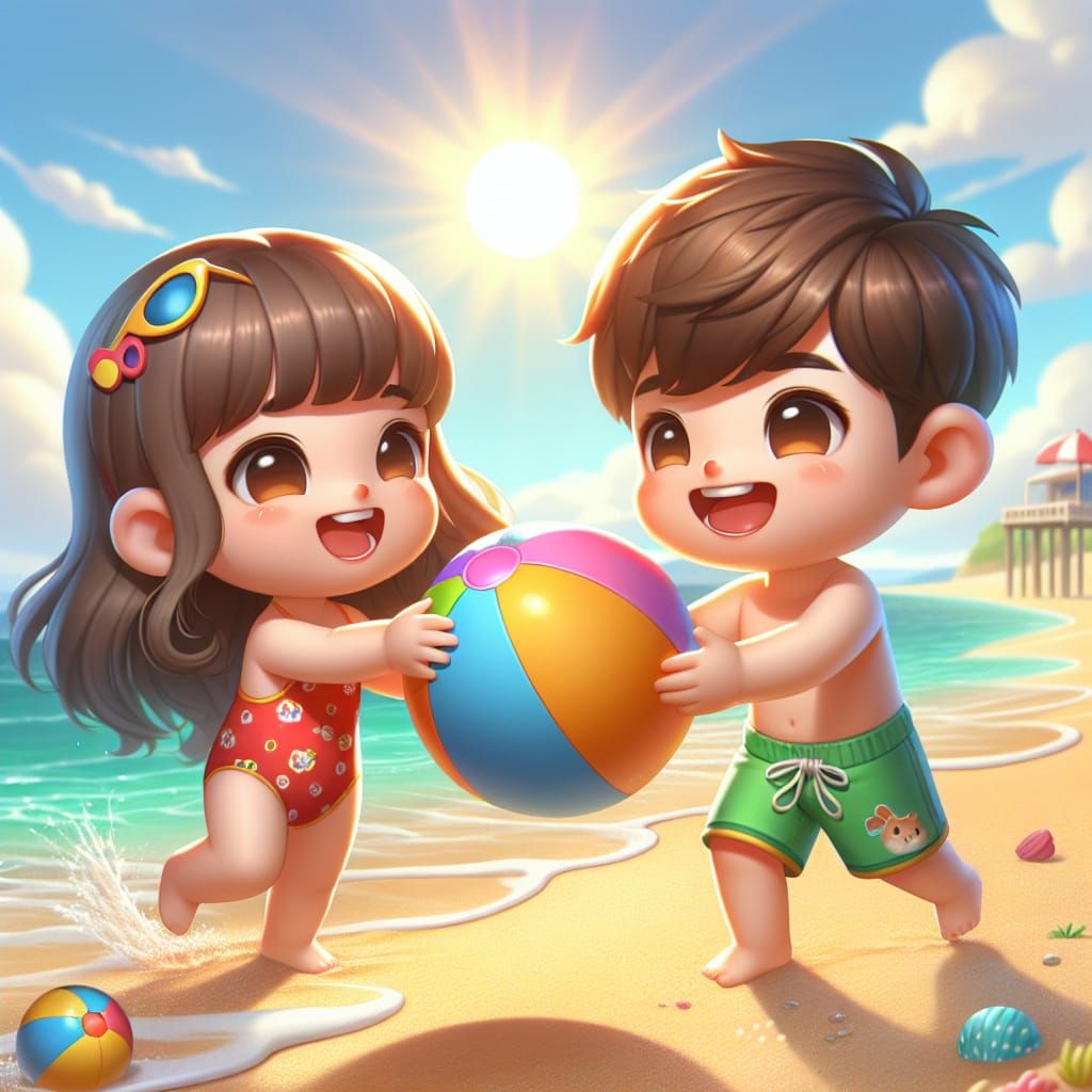 3D illustration of two adorable and cute kids playing on a beach, throwing a colorful beach ball back and forth. The kid...