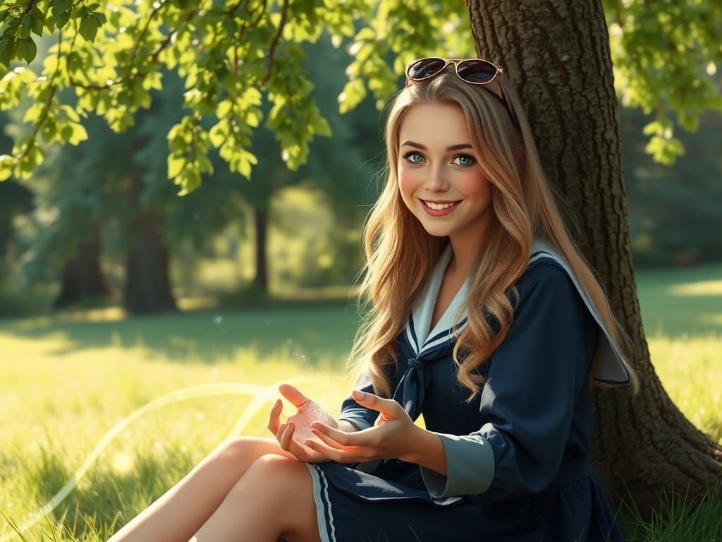 Ethereal Schoolgirl Caster in Whimsical Woodland Setting