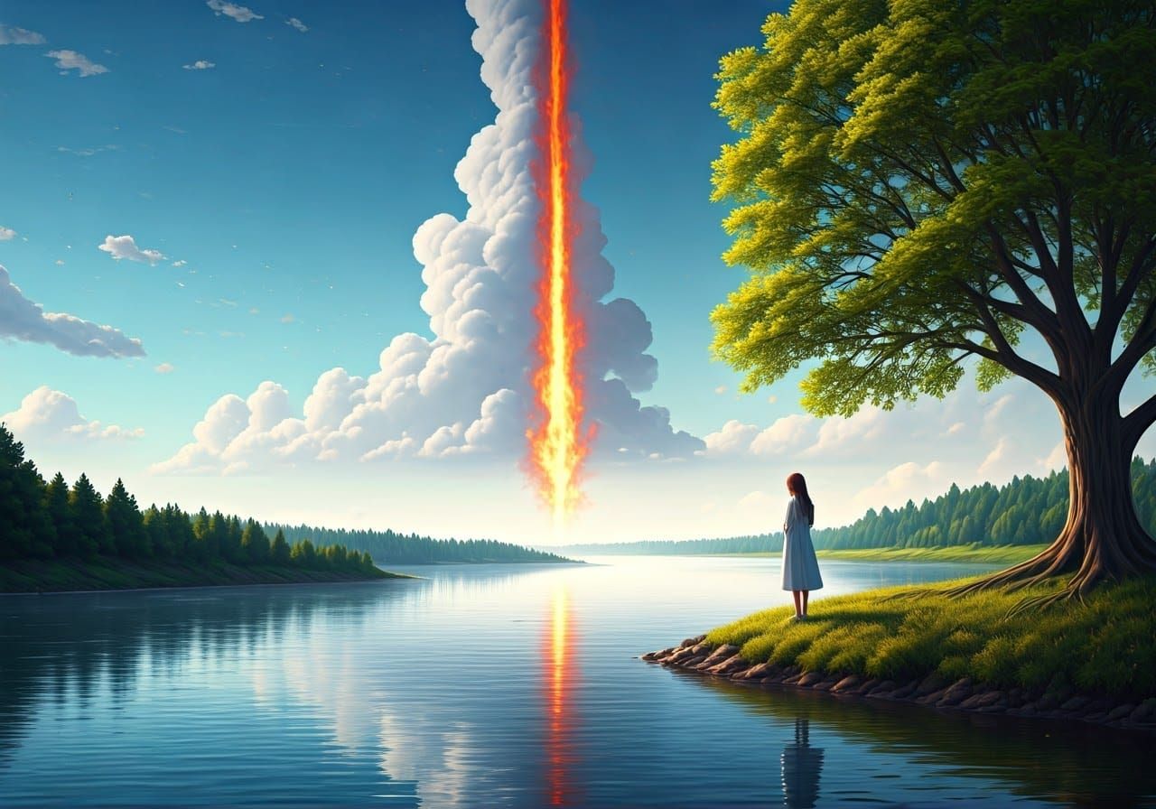 Serene Riverbank Scene with Contrasting Landscapes