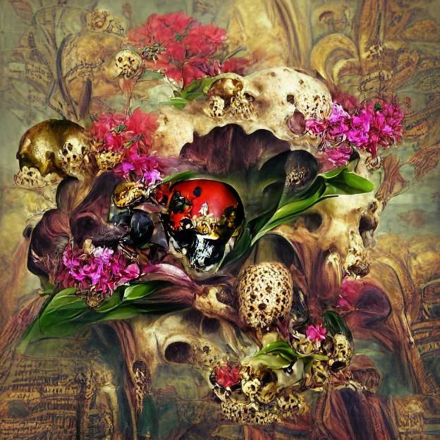 Baroque Skull Overgrown with Flowers and Insects