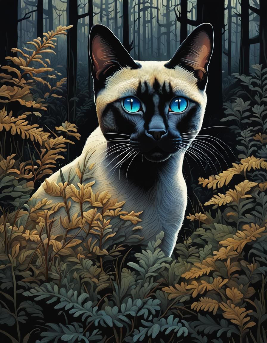 Siamese Cat Portrait in Woodland, Hyperrealistic Style