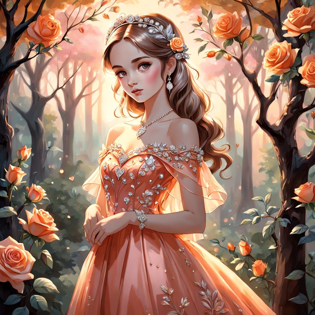 Romantic Oil Painting of Woman in Orange Gown