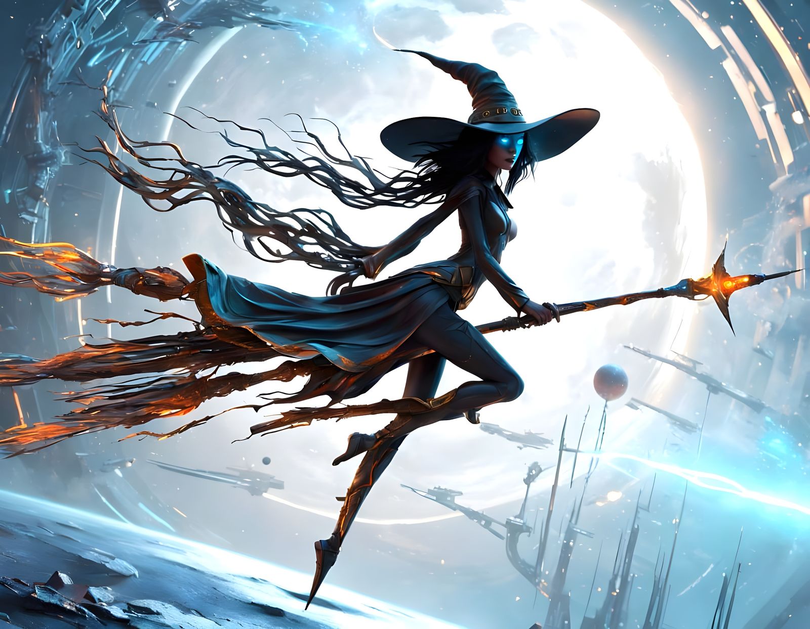 Cosmic Witch Spellcasting Over Alien Landscape