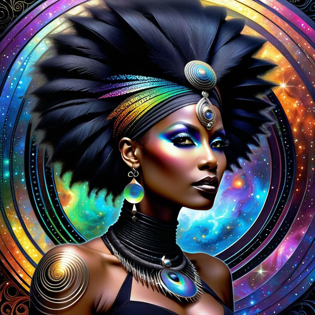 Gothic Punk Woman in Fractal Galaxy, Psychedelic Art