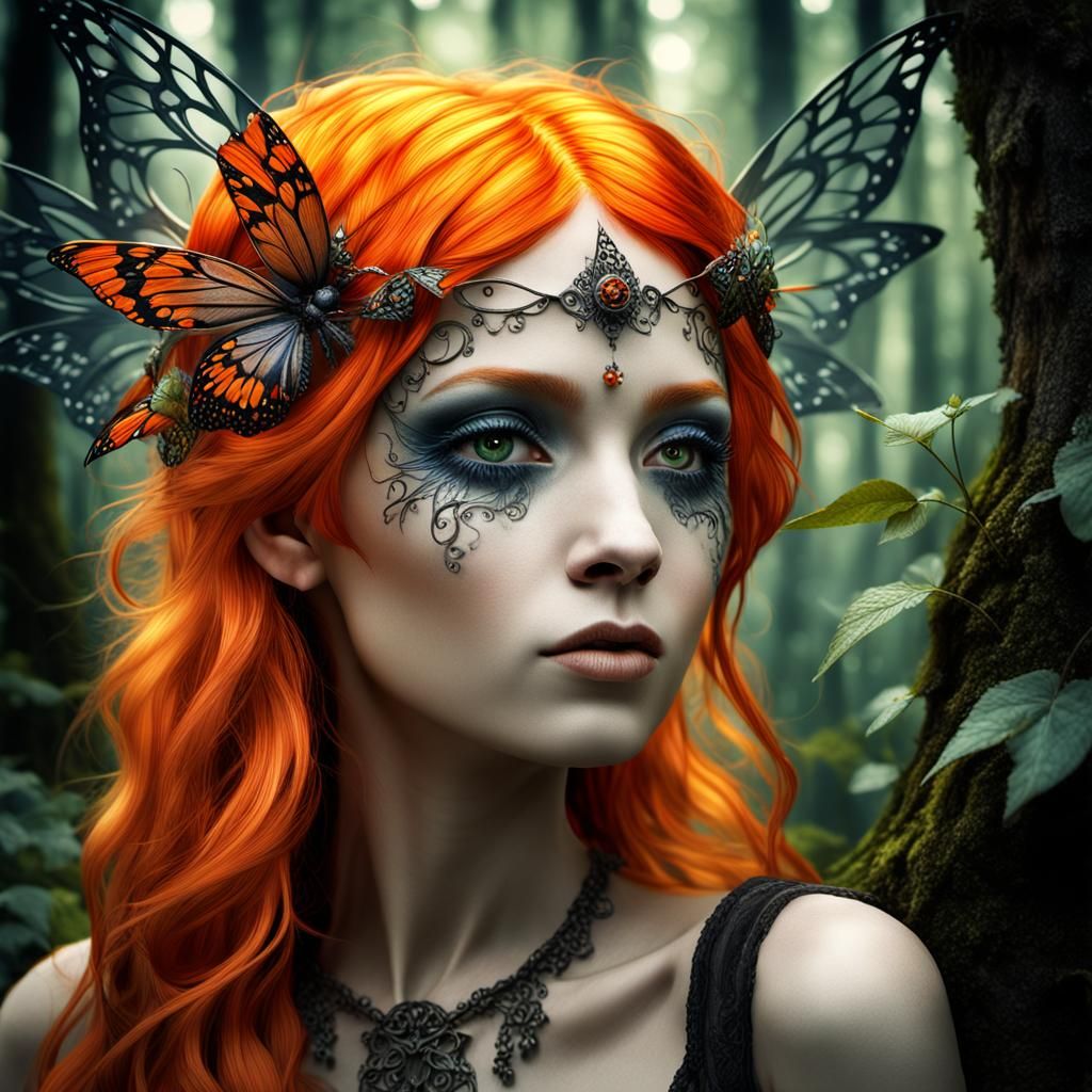 Gothic Orange-Haired Fairy in Enchanted Forest