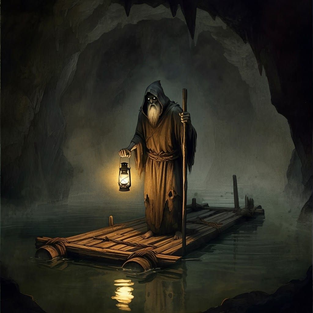 Ethereal Charon in Subterranean Cave, Encaustic Painting