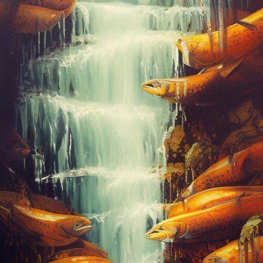 Salmon Run: A Sinister Gouache Painting