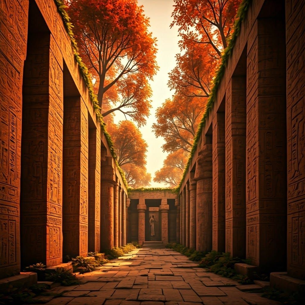 Ethereal Egyptian Temple Ablaze with Autumn Colors