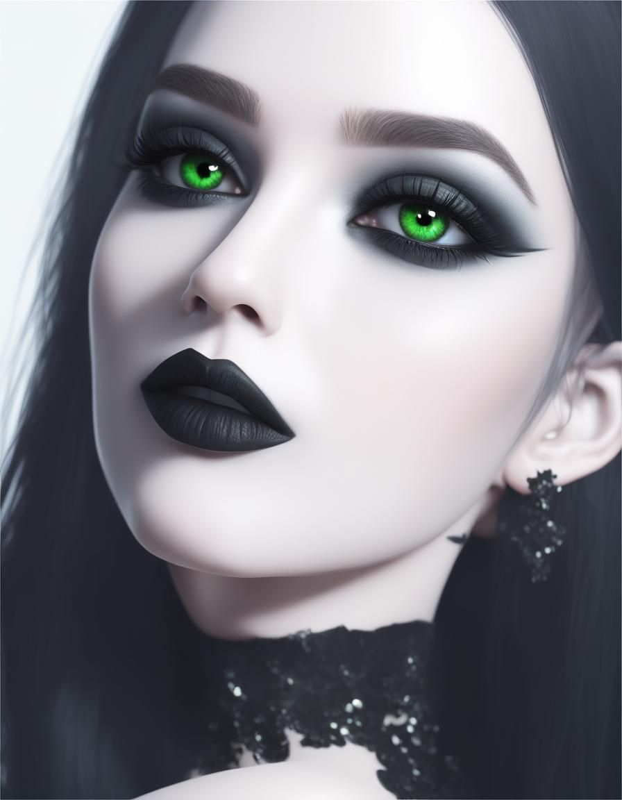 Gothic young lady with black hair and green eyes with black ...