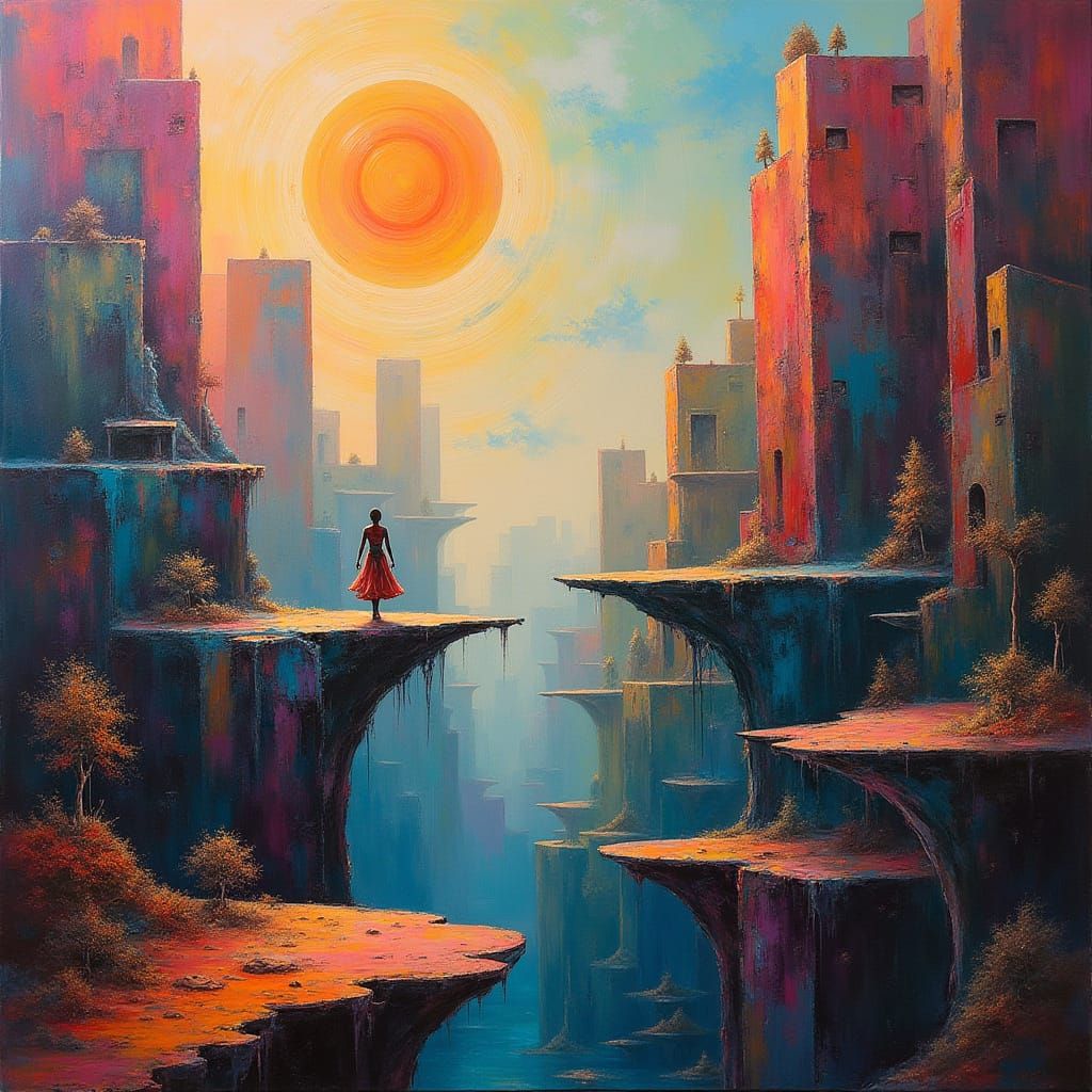 Surreal Abstract Landscape with Floating Islands and Figure