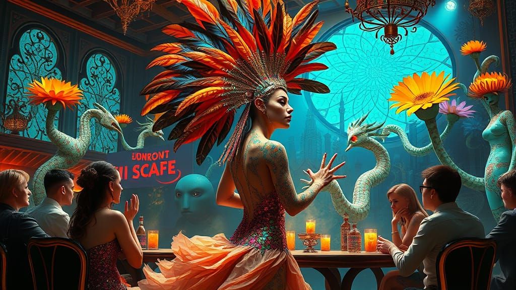 Cabaret Dancer in Multi-Era Cafe: A Maximalist Oil Painting