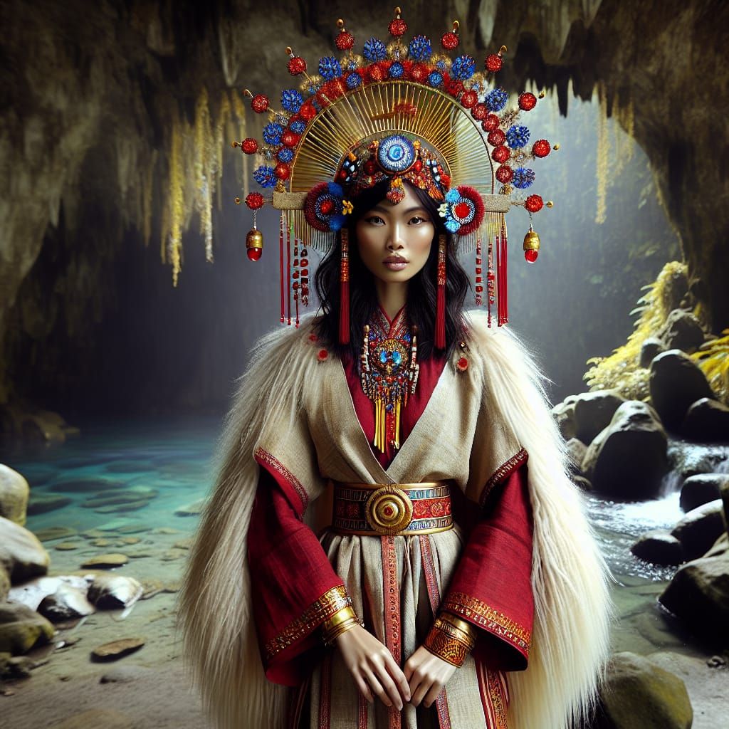 Amis Goddess Ina in Traditional Headdress and Linen Attire