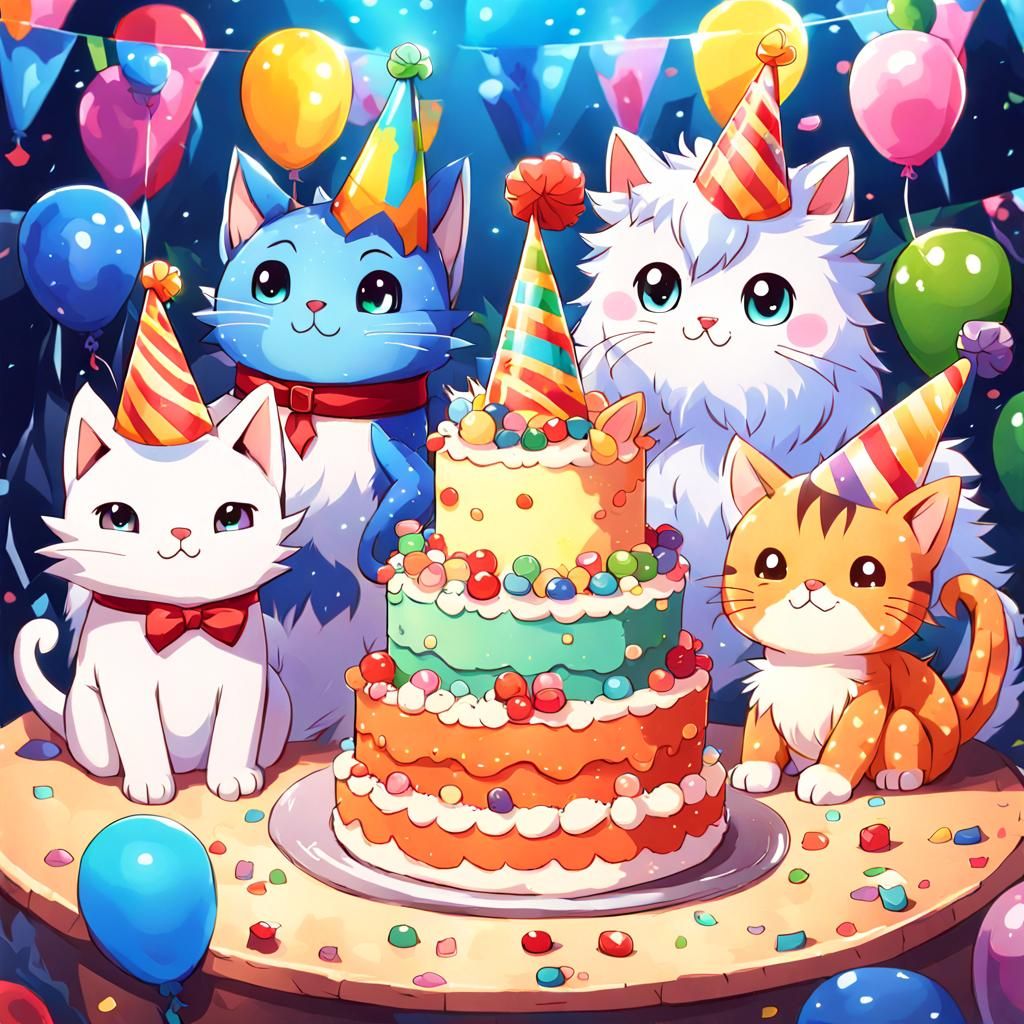 Birthday Party with Dragons and Cats in Anime Style