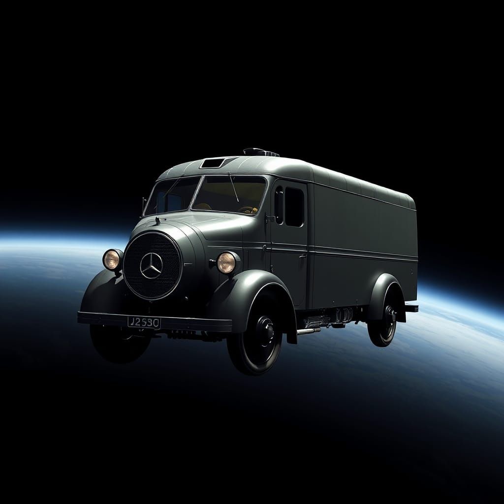 Art Deco Cargo Spaceship Drifting in Space