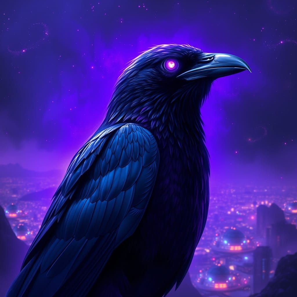 Cyberpunk Raven in Electric Purple Aura Amidst Space Galaxy