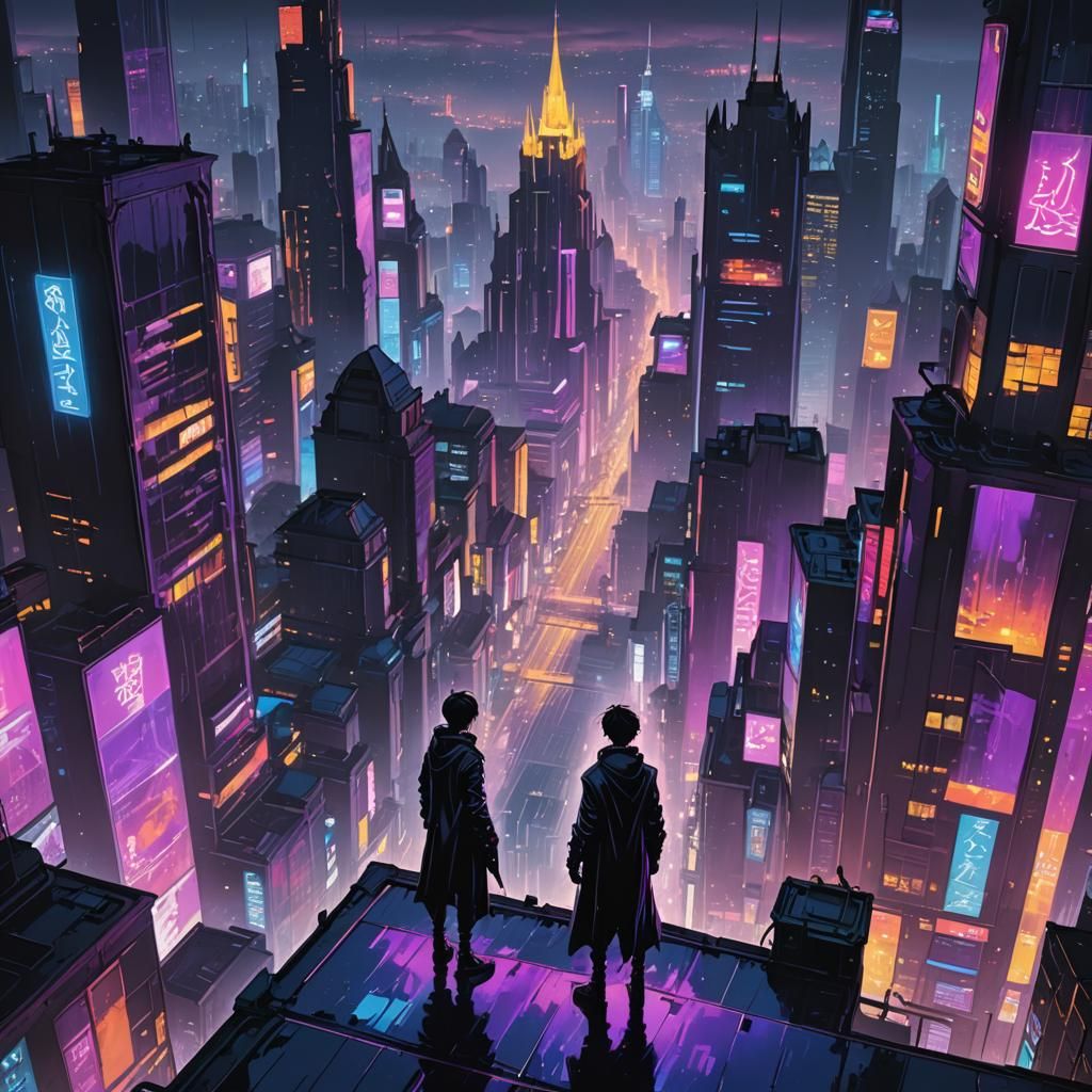 Futuristic Gothic Metropolis in Vibrant Manga Style