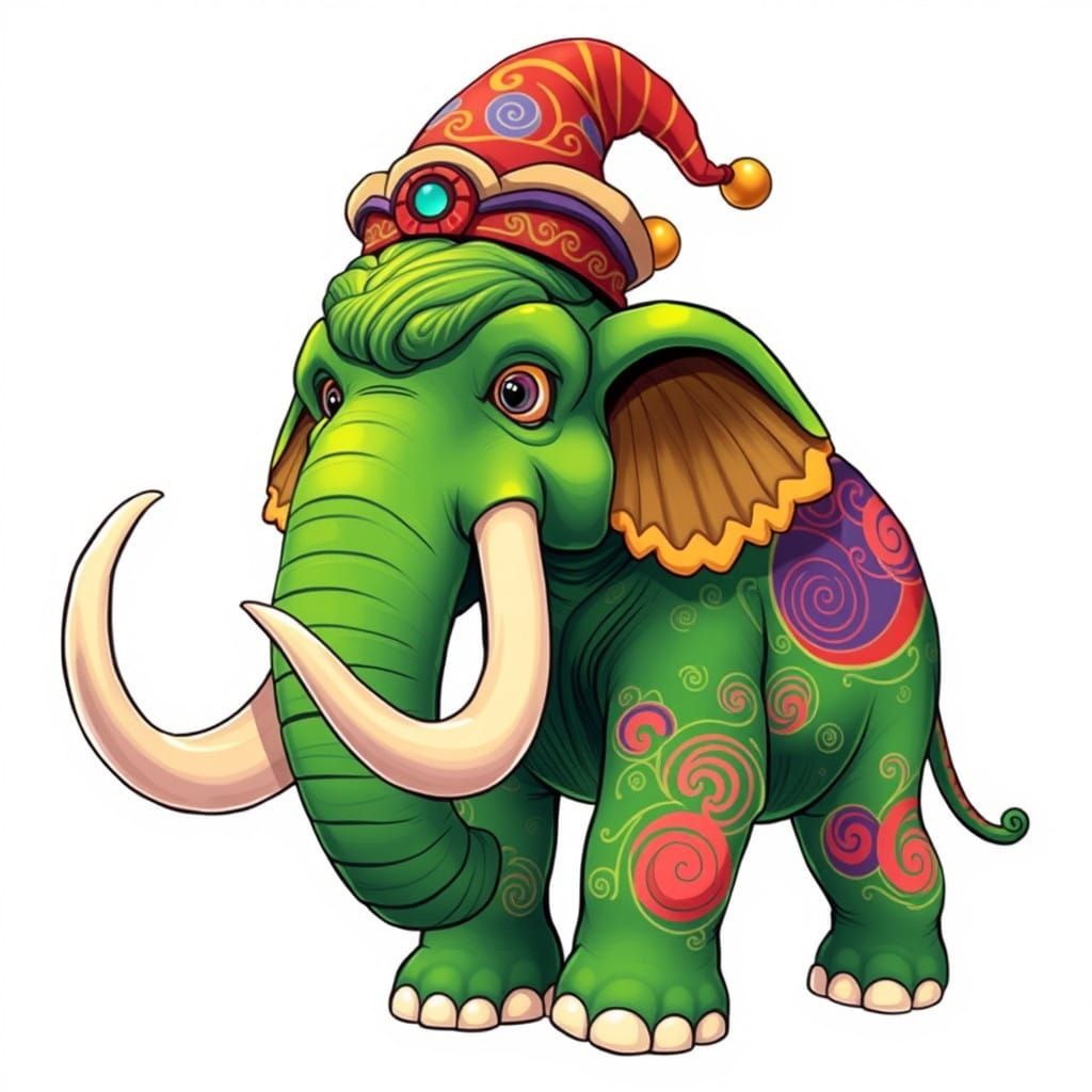 Vibrant Green Mammoth in Exaggerated Anime Style