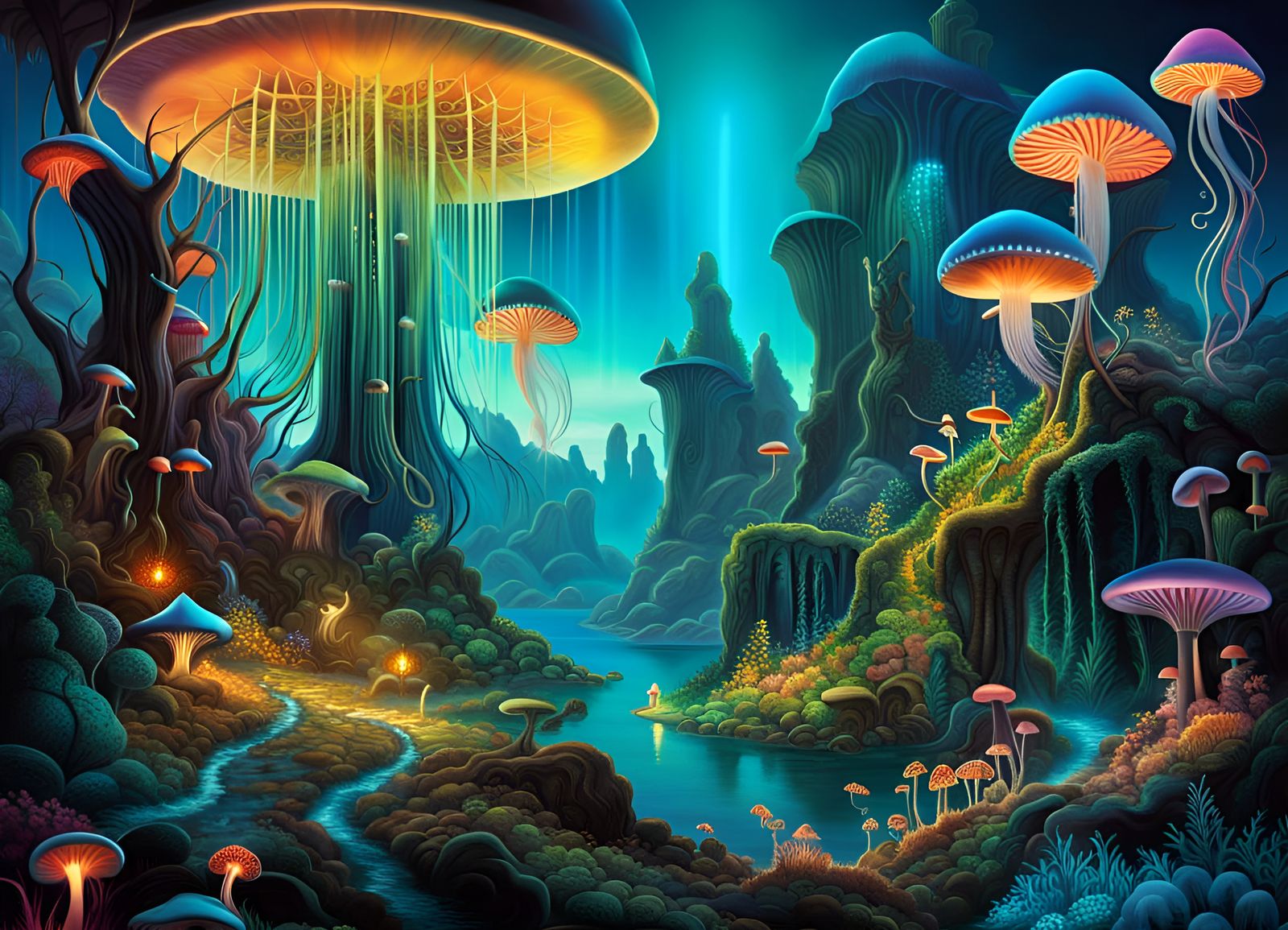 Surreal Landscape with Bioluminescent Flora, Dali Style
