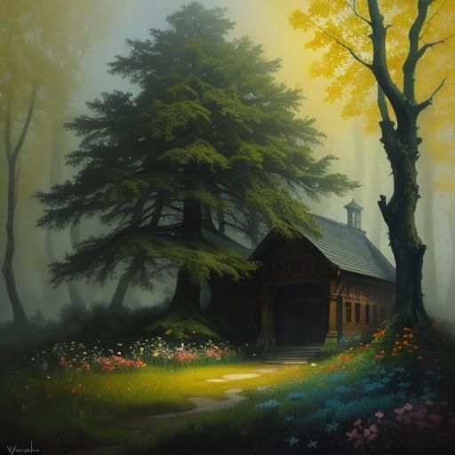 Misty Forest Castle: Baroque Painting in Gouache Style