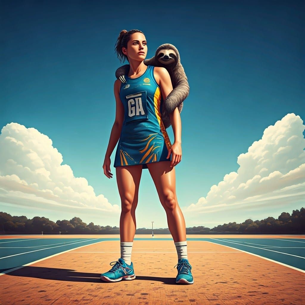 Netball Player with Sloth, in Fantasy Concept Art Style