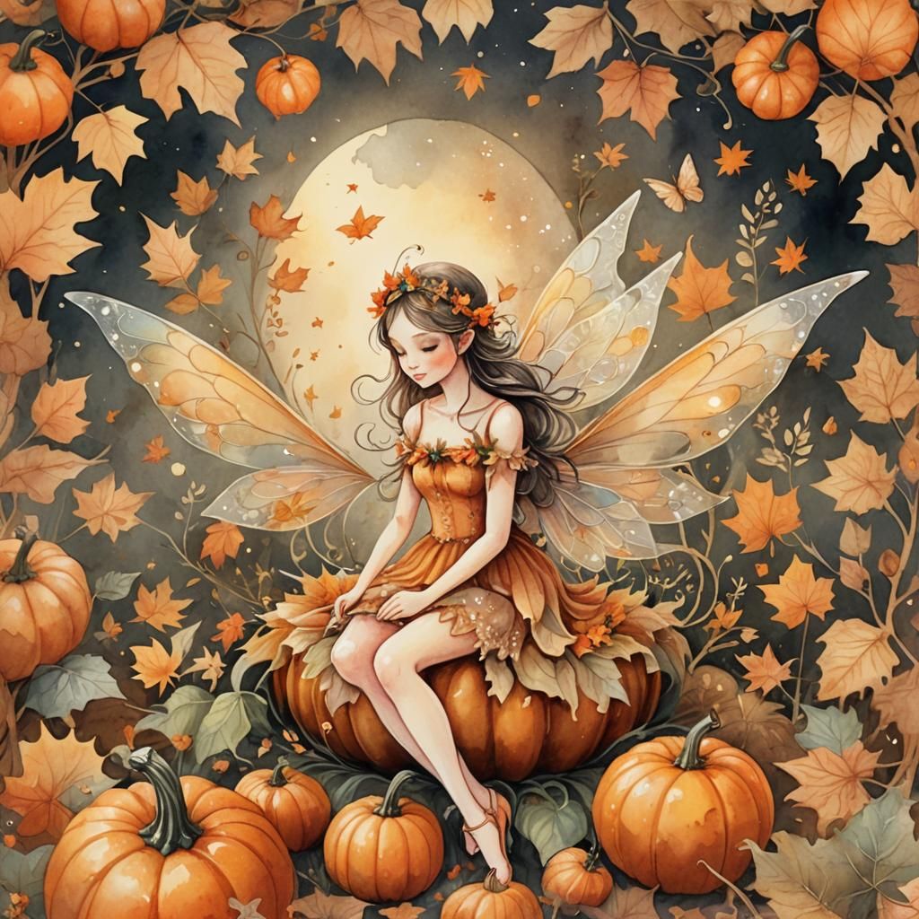 Magical Fairy on Pumpkin in Watercolor Autumn Scene