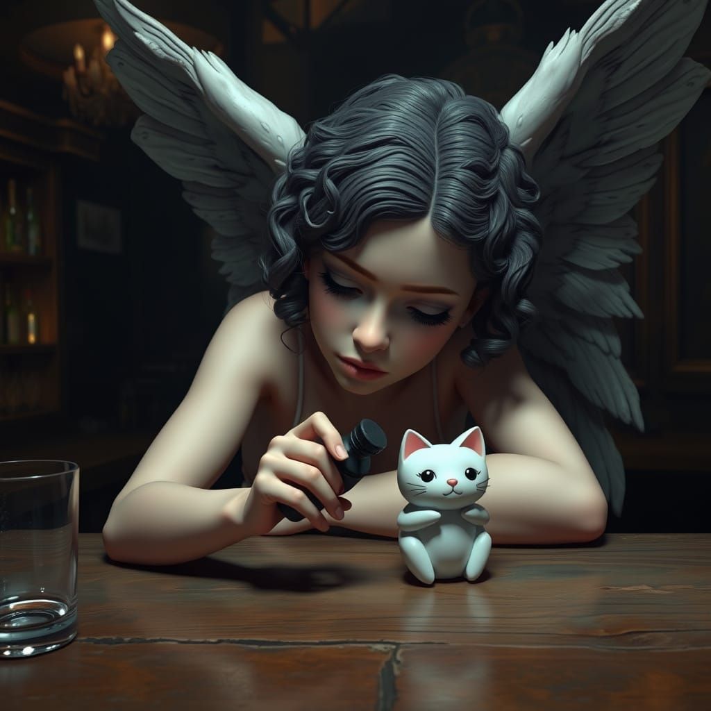 Sorrowful Goddess Slumps in Empty Bar, Angel Wings Fading to...